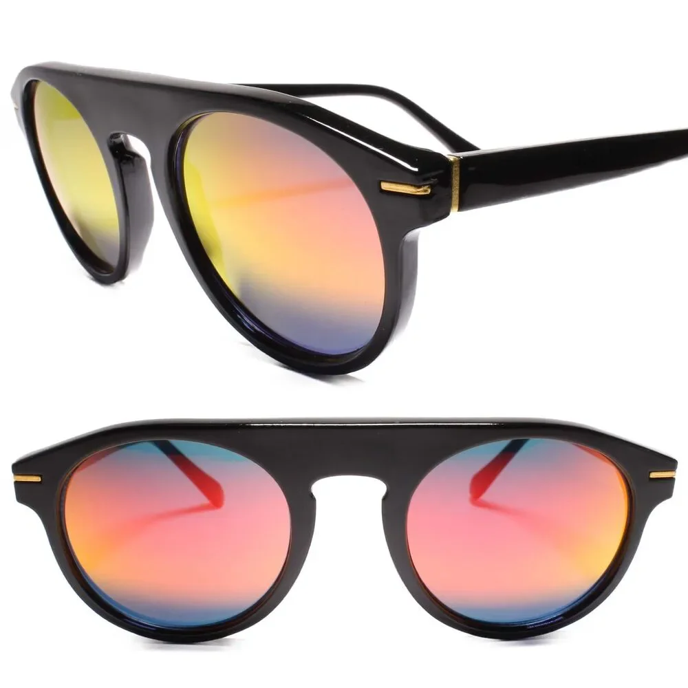 Mens Womens Red Mirrored Lens Vintage Retro Circle Indie Black Round Sunglasses